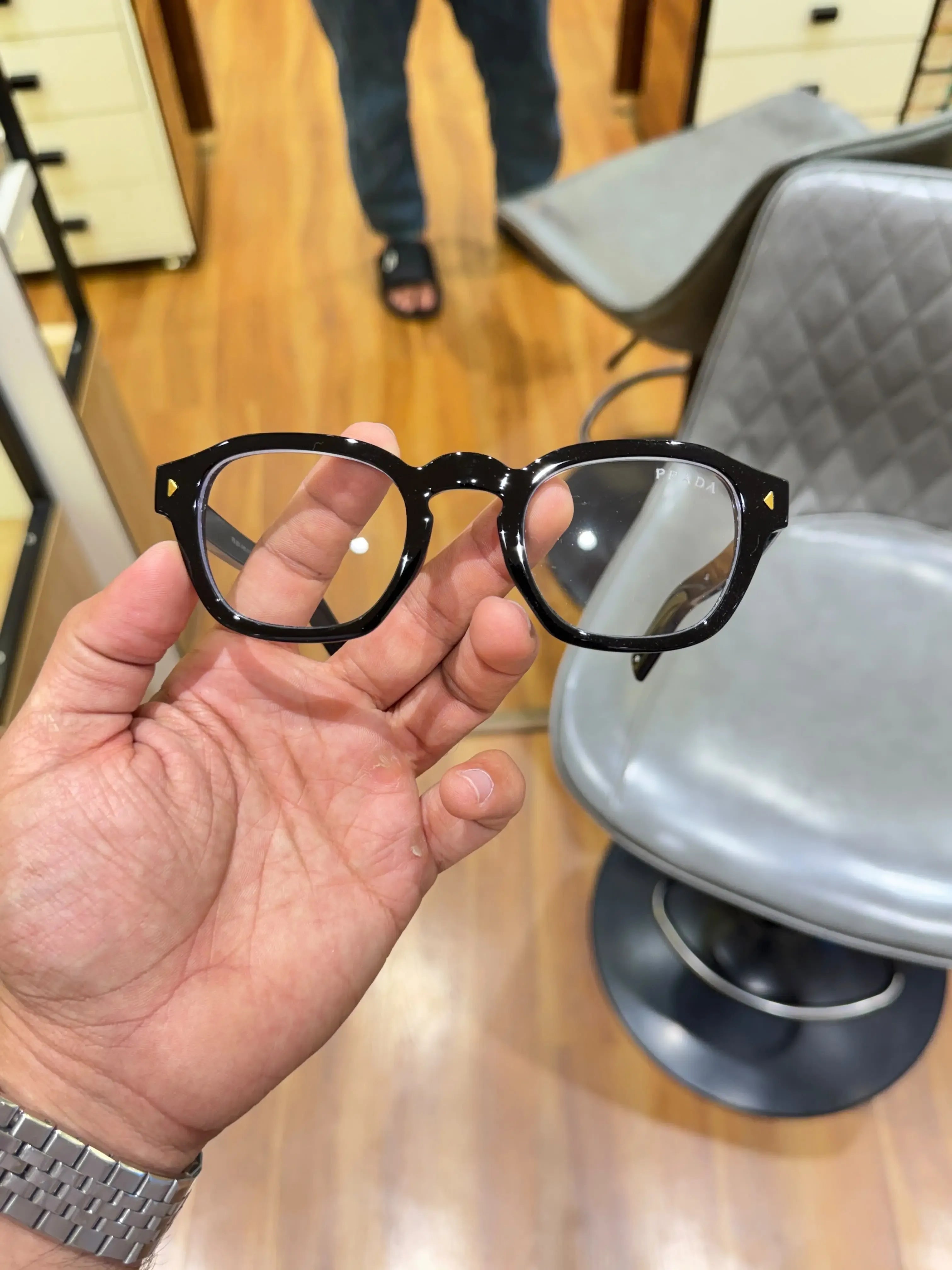 Prada Classic Black Gold Eyeglass Frame - Alternate Front View with Triangle Studs