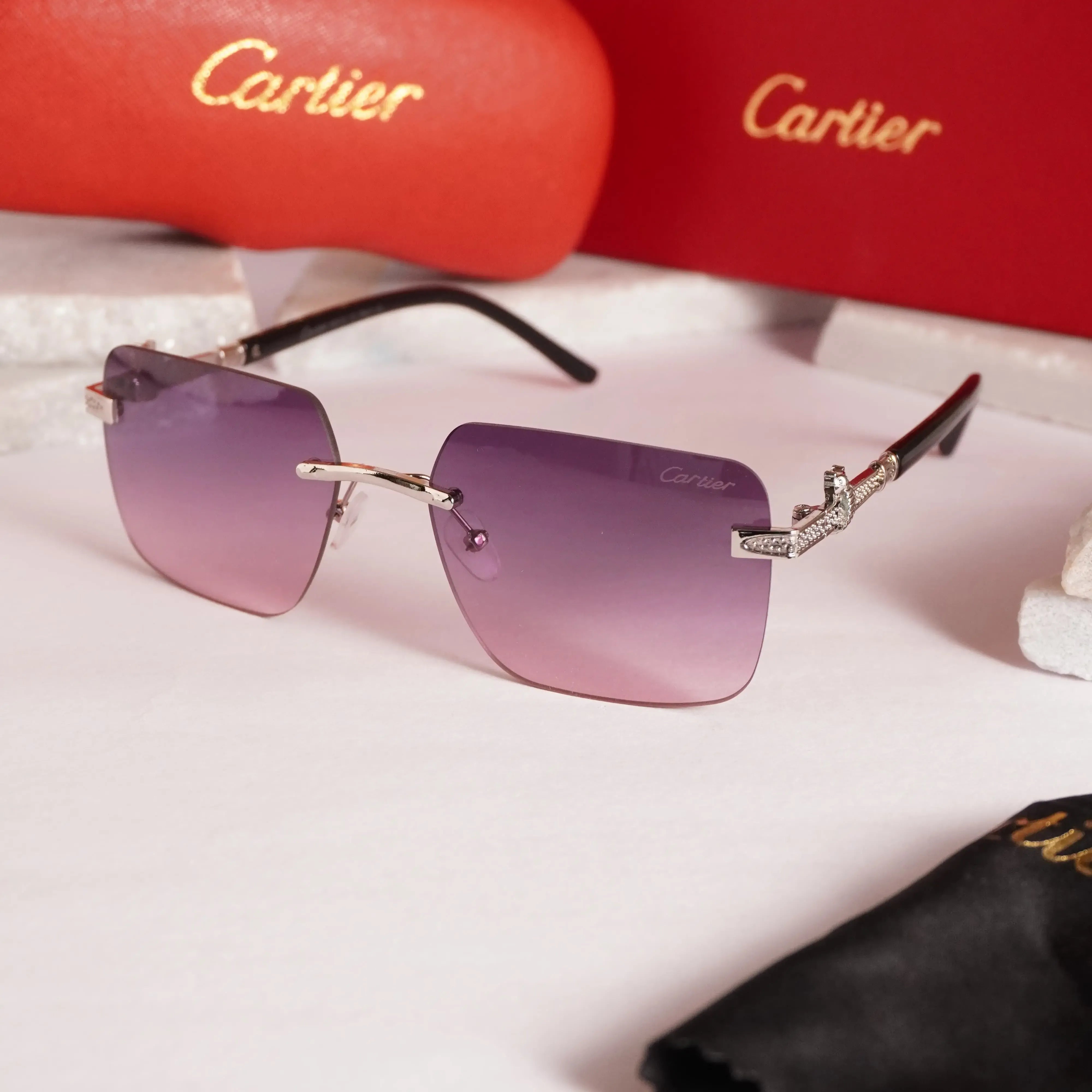 Violet gradient rimless square sunglasses - front view on marble surface