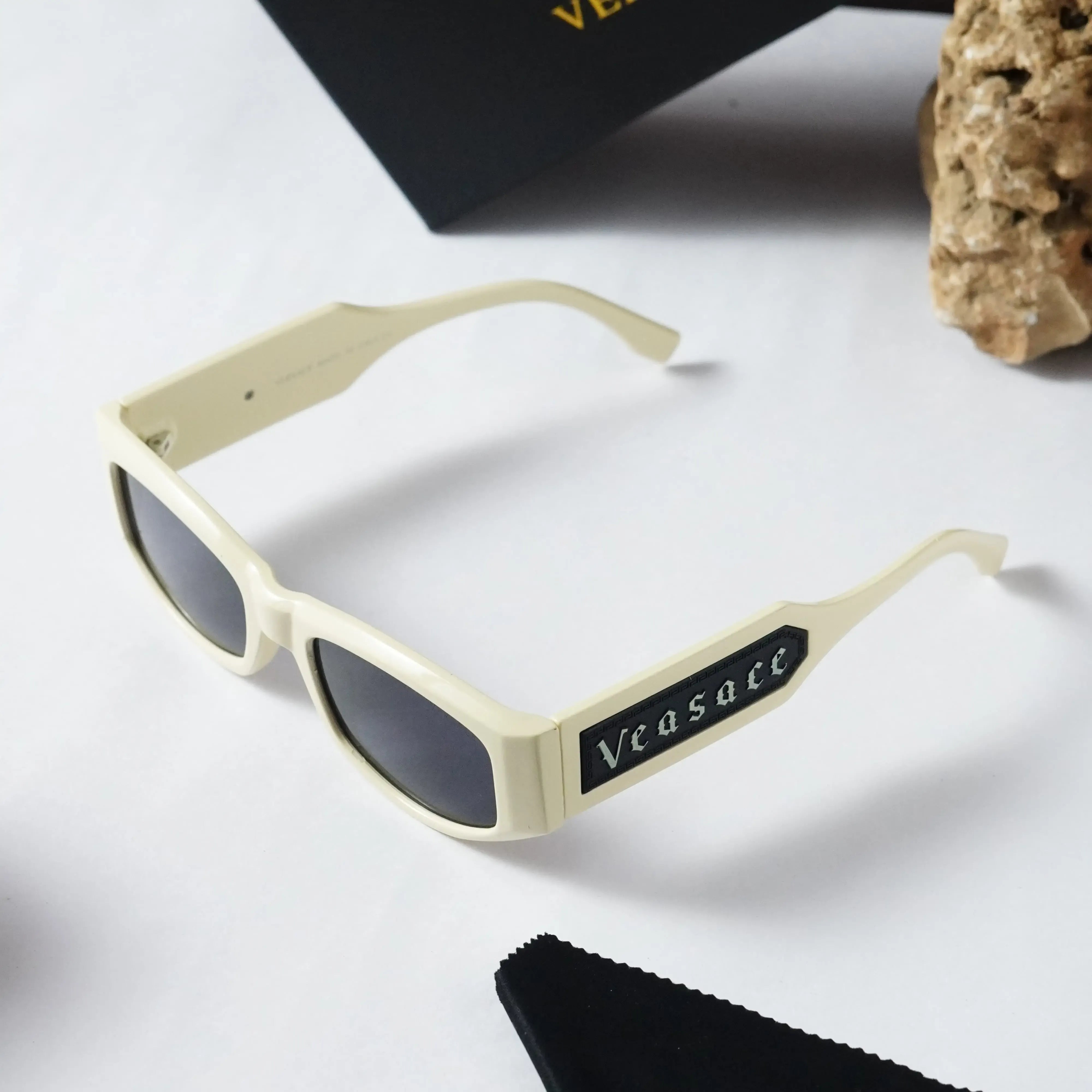 Versace 2315 Cream White Rectangle Sunglasses - Full Display with Box