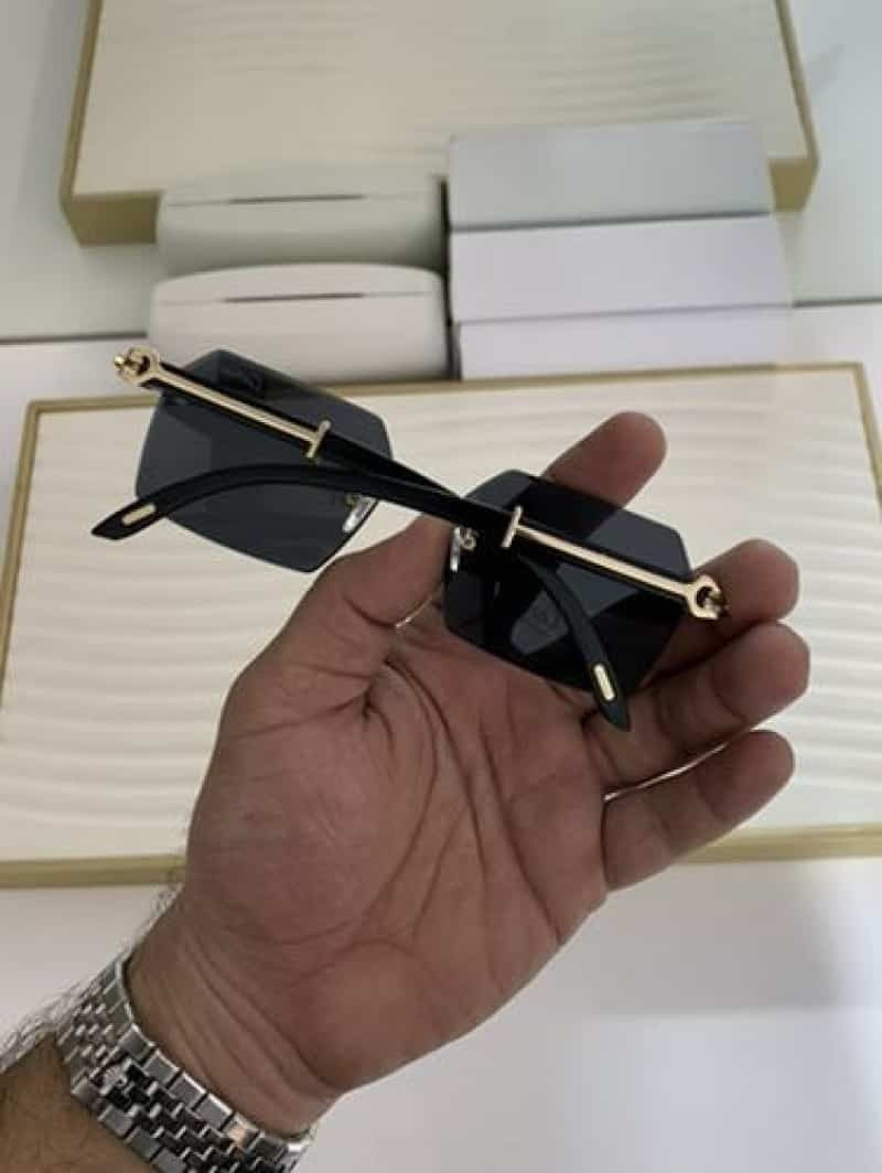 Dark smoke rimless square sunglasses - flat lay front view