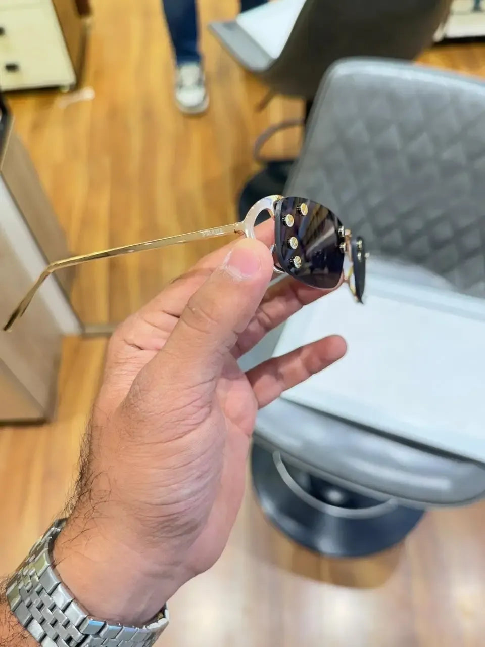 Prada Gold Black Rimless Sunglasses - Temple Detail View