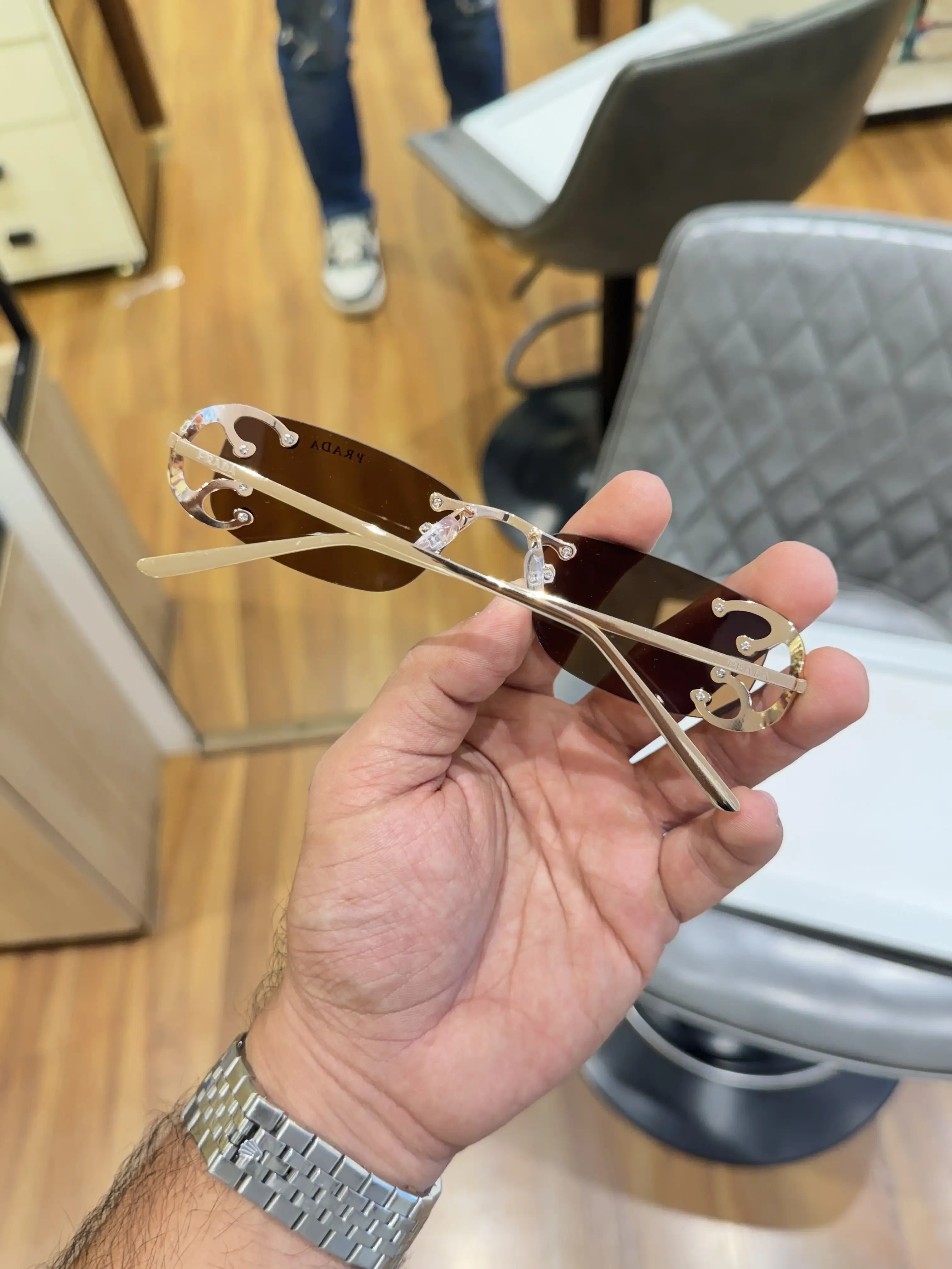 Prada Luxe Rimless Sunglasses Gold Brown - Decorative Temple Detail