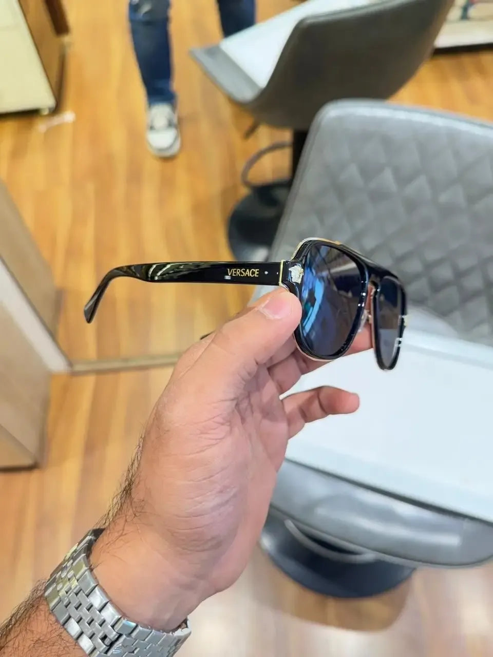Versace Medusa Double Bridge Aviator Sunglasses Black Gold - Temple VERSACE Branding