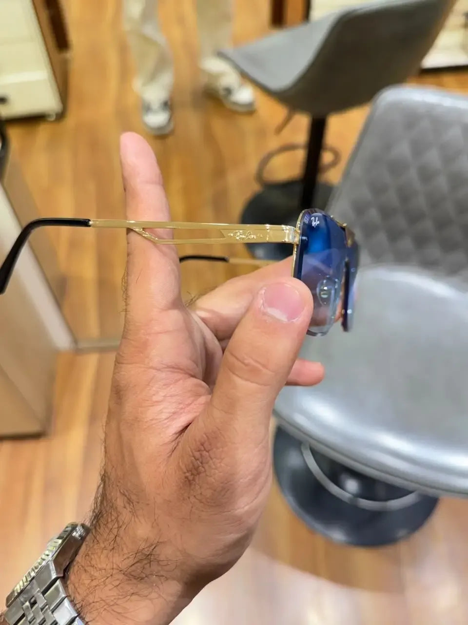 Ray-Ban RB3741 Gold Blue - Front view showing transparent crystal nose bridge