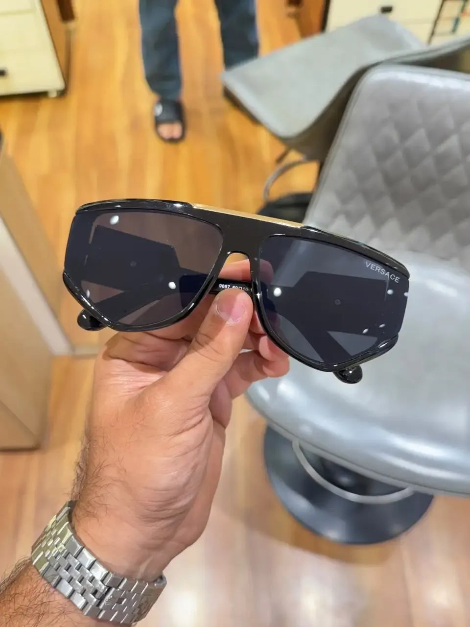 Versace Medusa Flat-Top Shield Sunglasses - Front Lens with VERSACE Branding