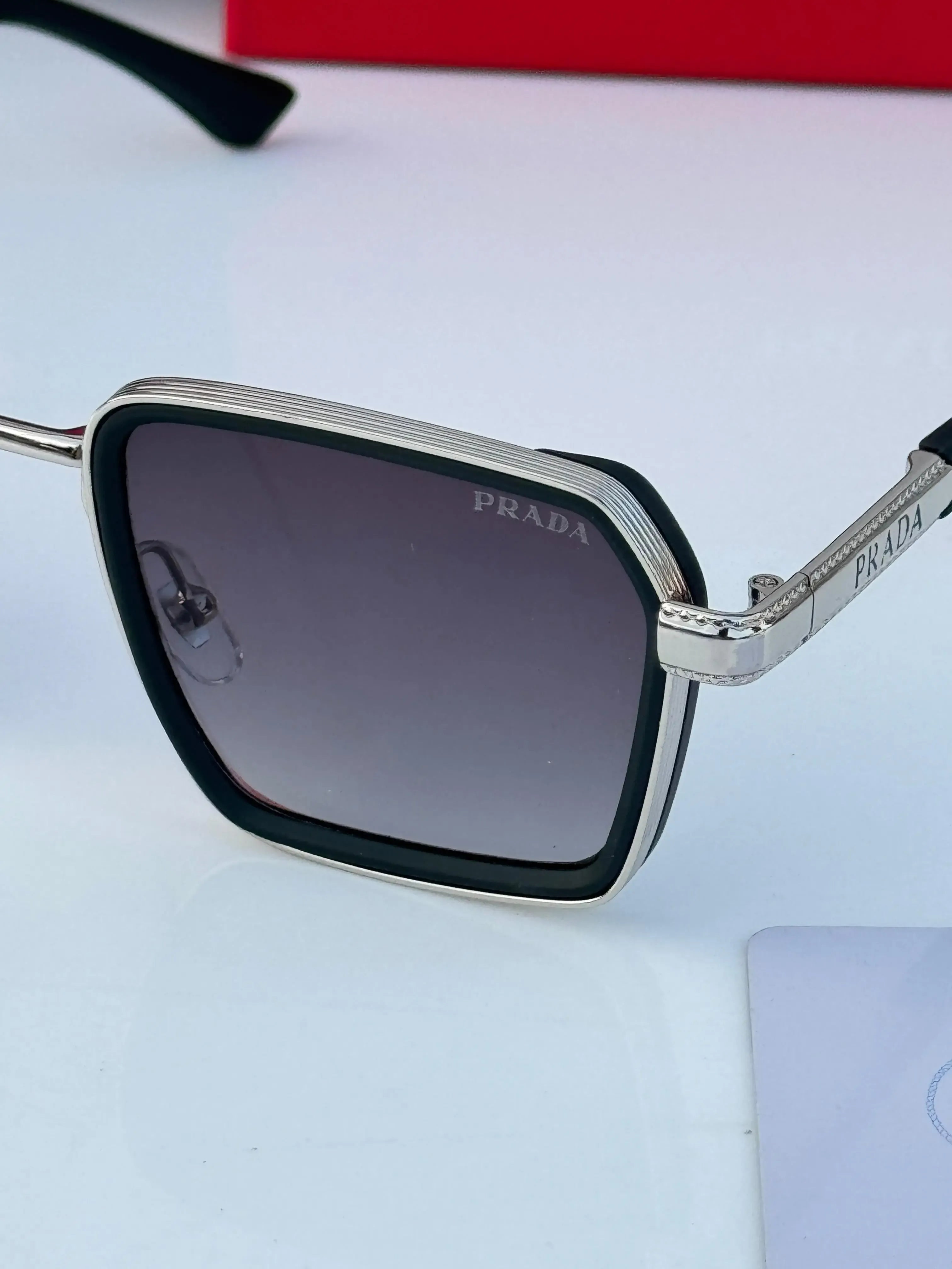 Prada Urban Square Sunglasses Black Silver - Lens Close-up with Silver Rim