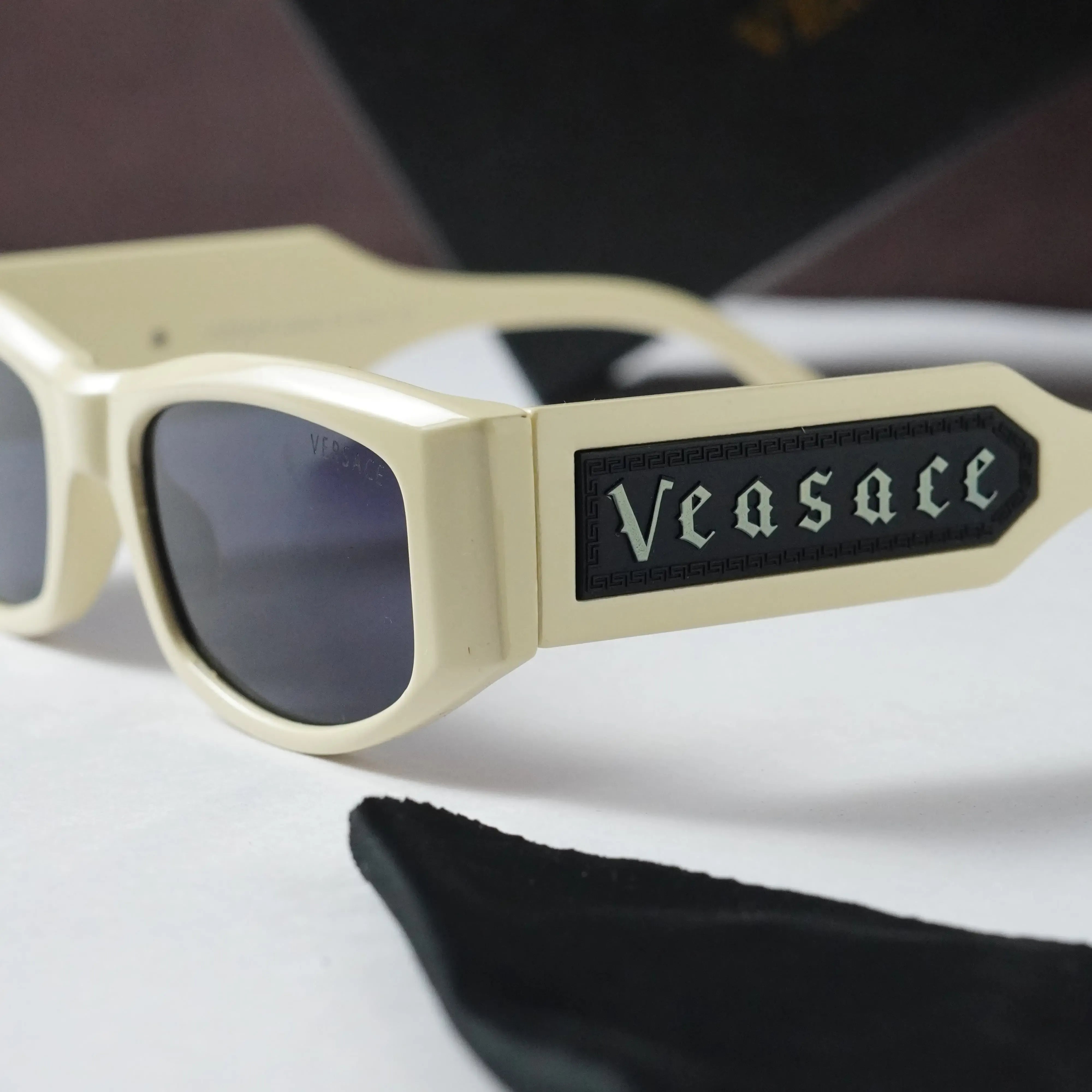 Versace 2315 Cream White Rectangle Sunglasses - Gothic Logo Temple Close-up