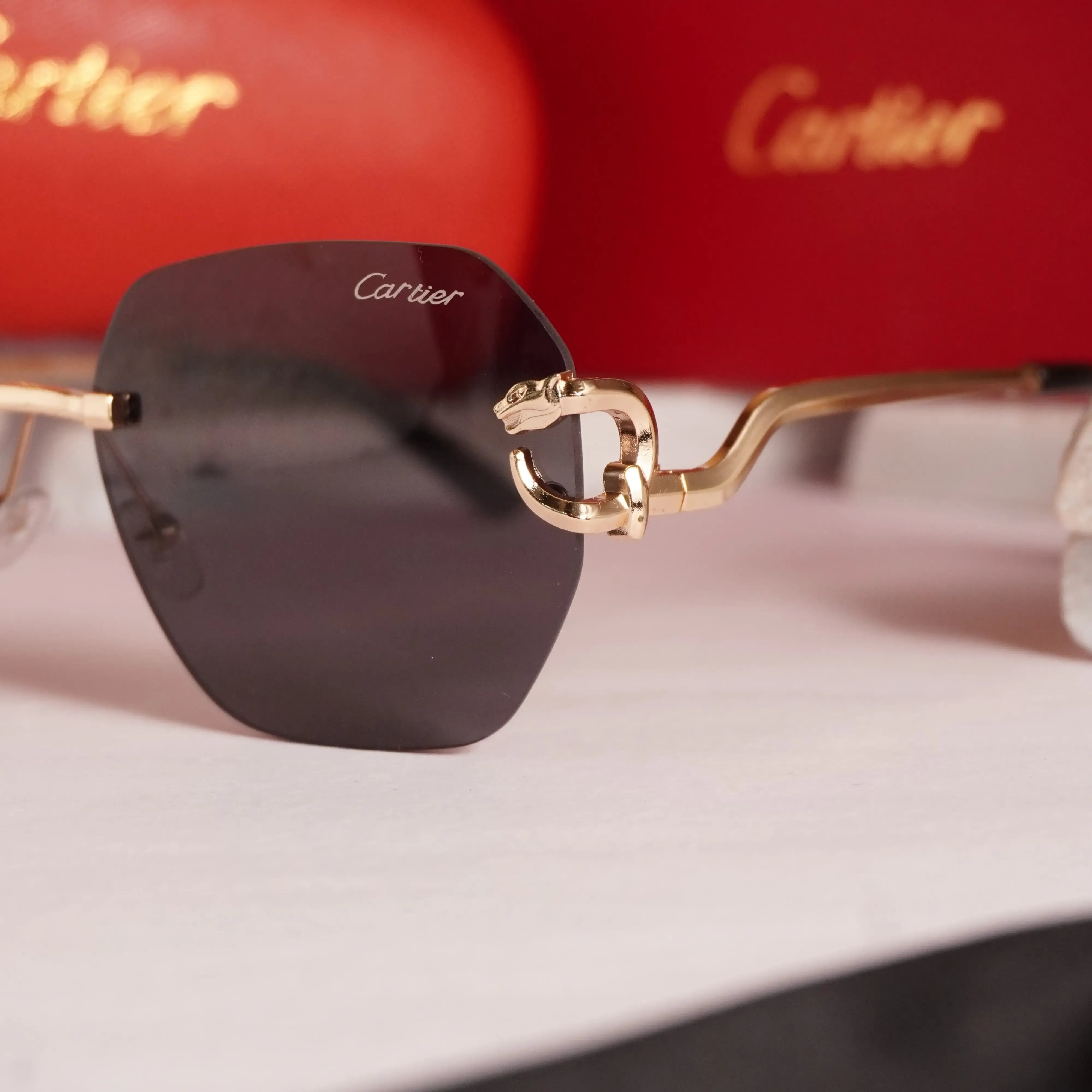 Rimless gold panther black sunglasses - front view showing hexagonal lenses and gold bridge