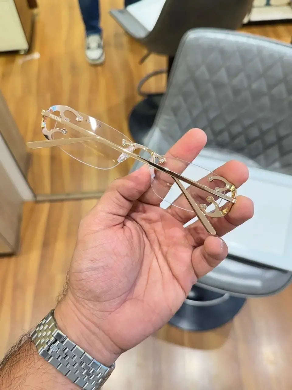 Prada Crystal Rimless Frame - Gold Filigree Temple Detail