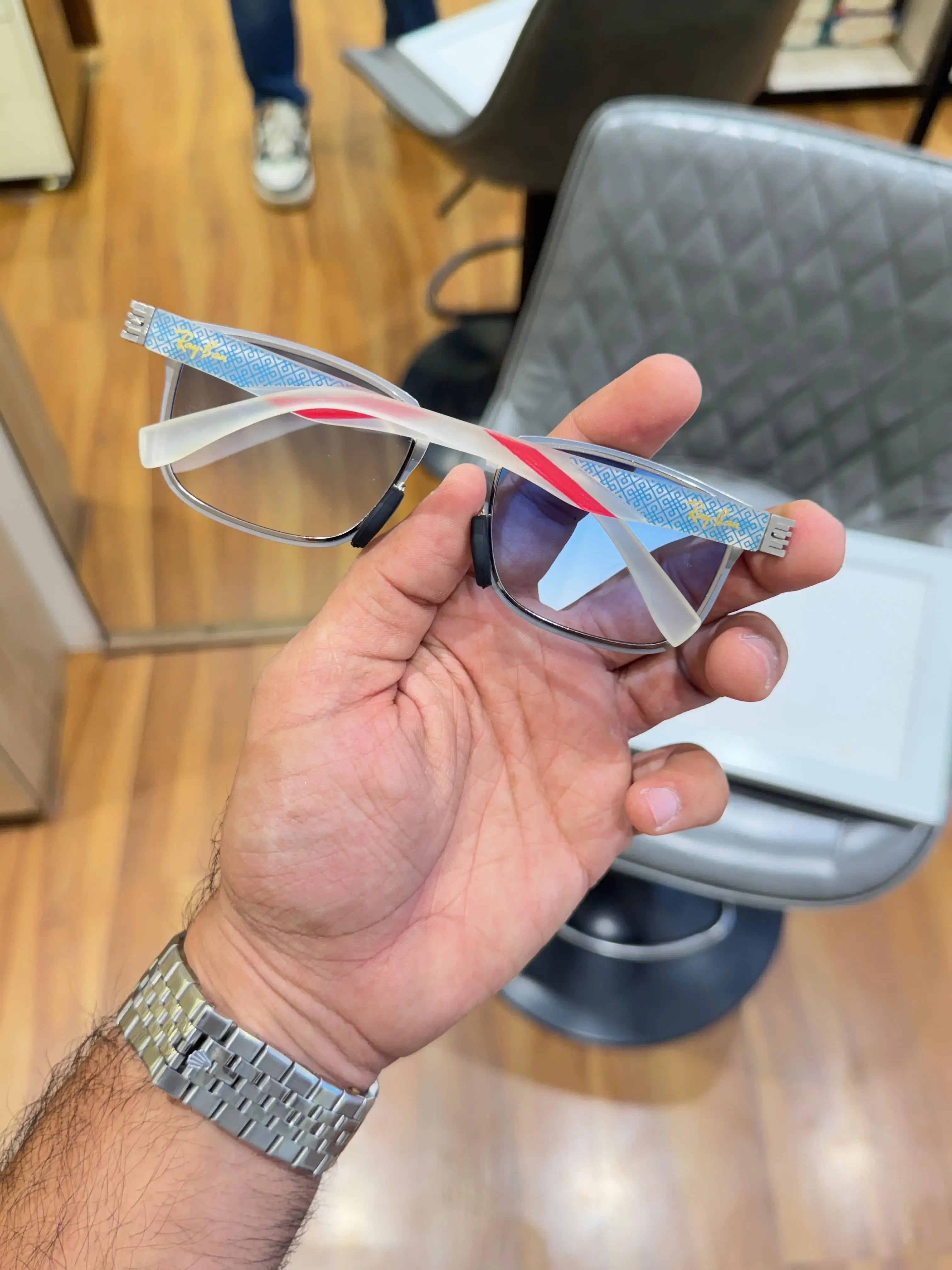 Ray-Ban RB2603 Sea Blue - Folded display showing white geometric patterned arms and sea blue gradient lenses