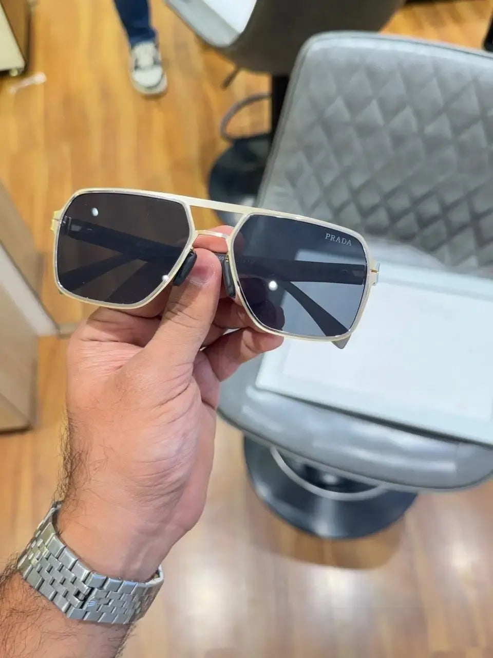 Prada Signature Square Shades Gold Black - Front View with Smoke Lenses