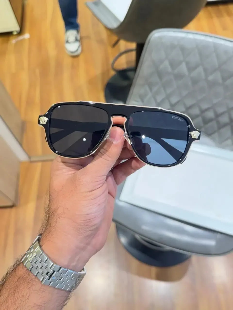 Versace Medusa Double Bridge Aviator Sunglasses Black Gold - Front Lens View