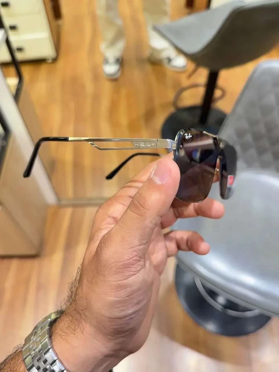 Ray-Ban RB3741 Silver Black - Folded side view showing silver double bridge and black temple tips