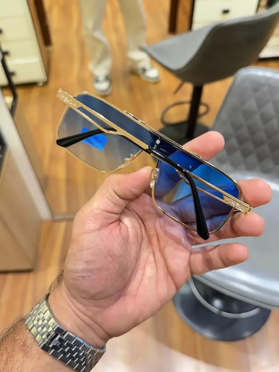 Ray-Ban RB3741 Gold Blue - Side temple view showing gold arms with black tips and Ray-Ban logo