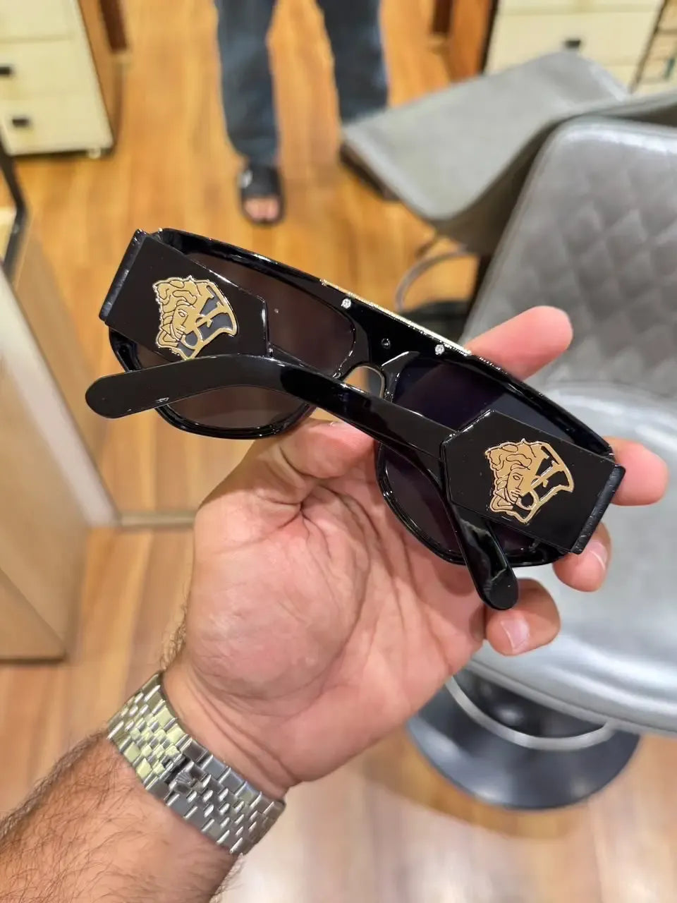 Versace Medusa Flat-Top Shield Sunglasses - Both Temples View