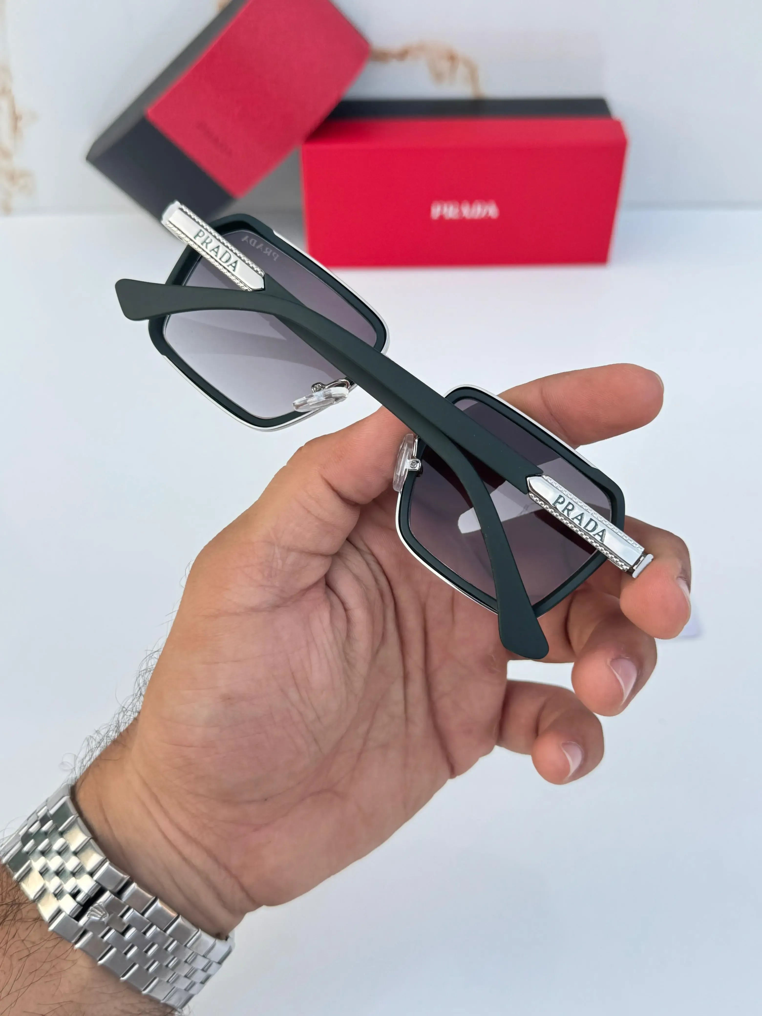 Prada Urban Square Sunglasses Black Silver - Temple Engraving Detail