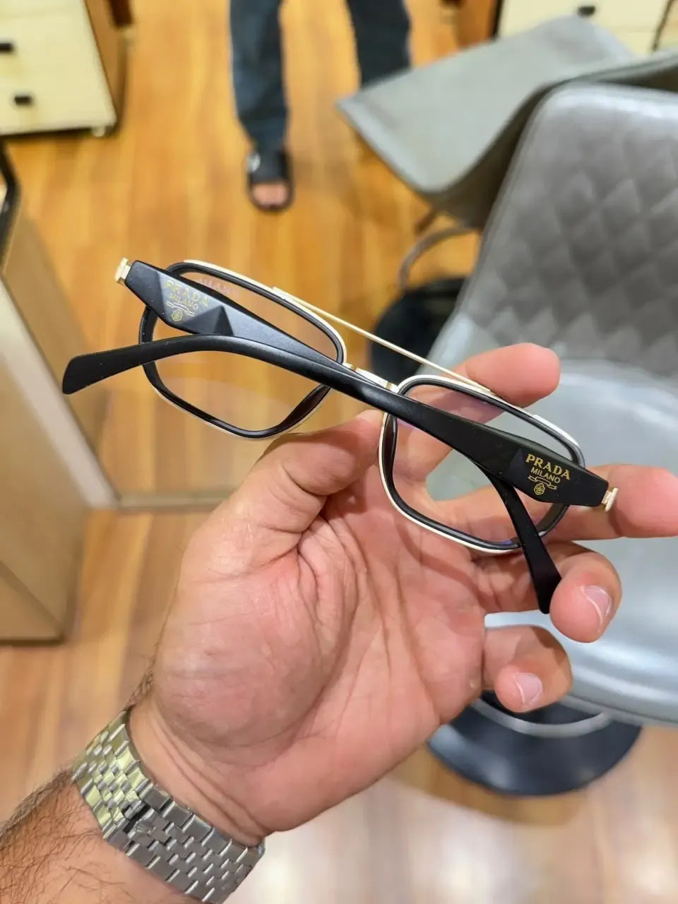 Prada Black Silver Square Eyeglass Frame - Temple Side View