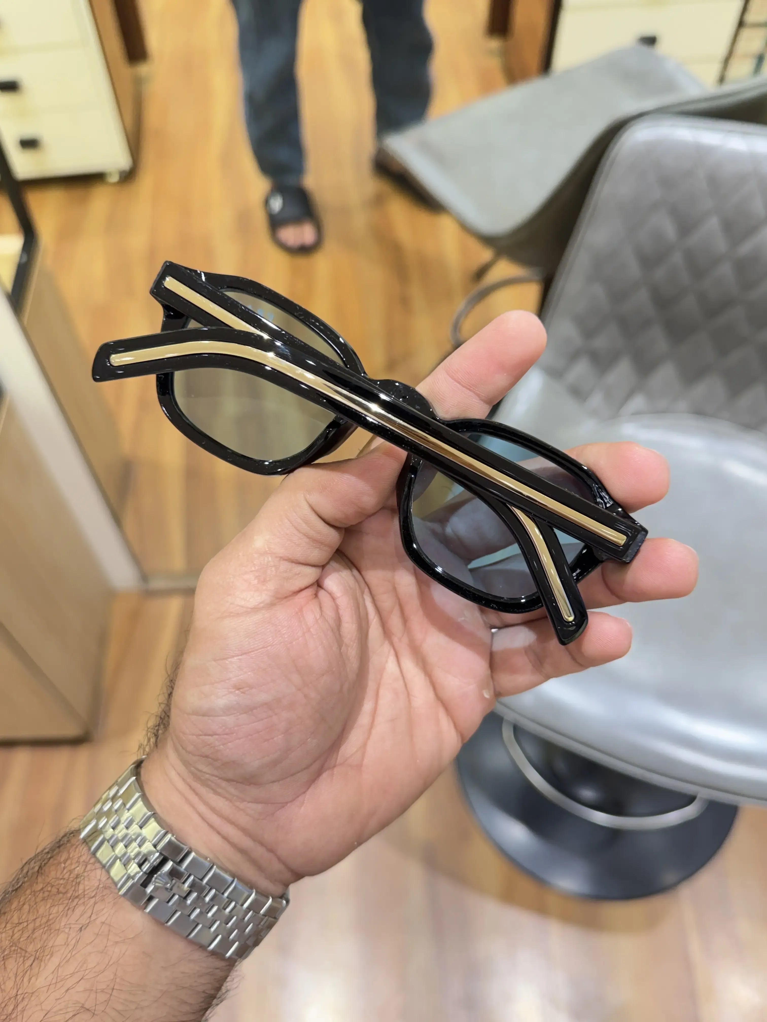 Prada Vintage Square Sunglasses Black Blue - Folded Gold Temple View