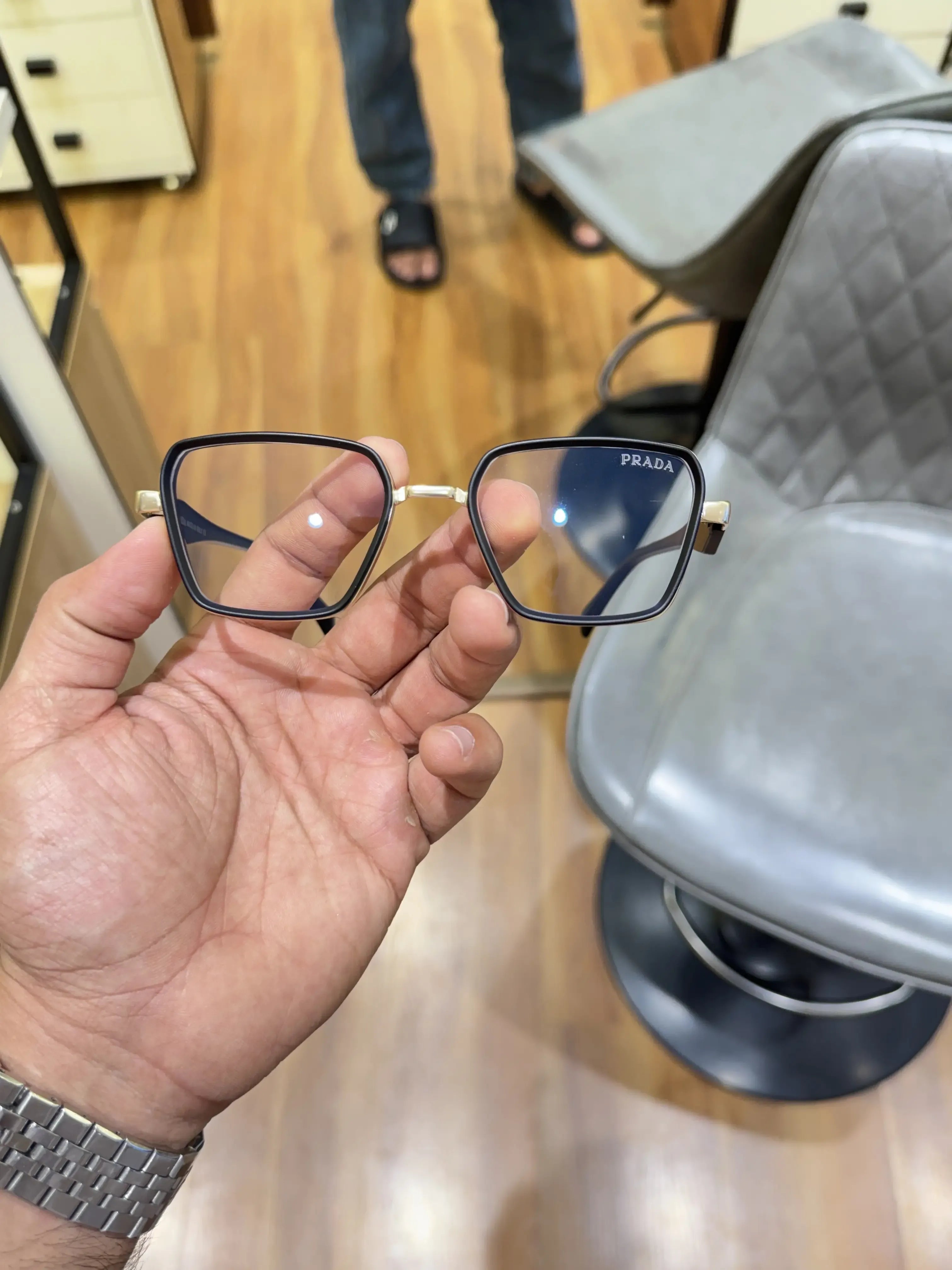 Prada Square Eyeglasses Frame Black Gold - Side Temple View