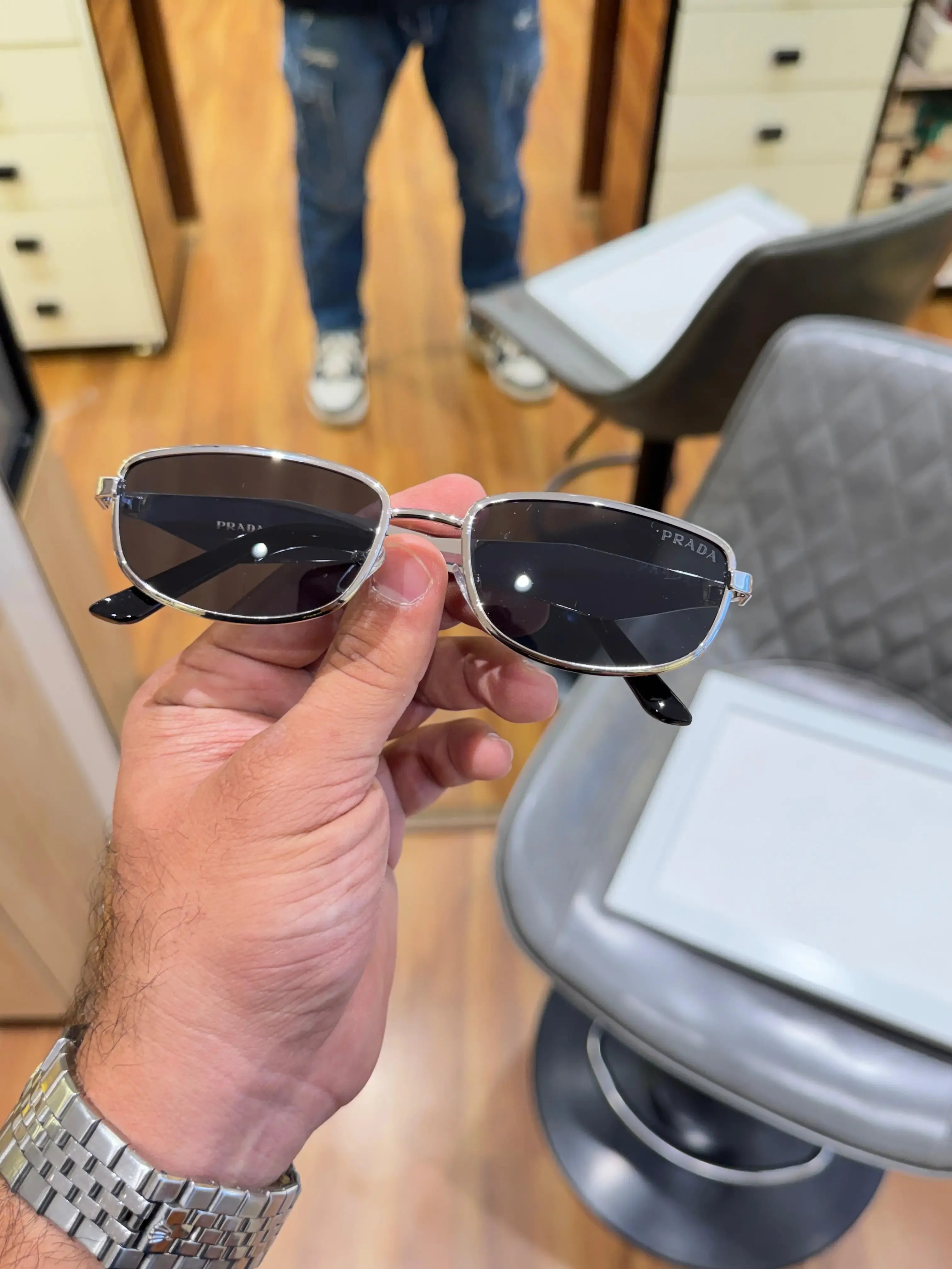 Prada Luxe Aviator Shades Silver Black - Front View with Smoke Lenses