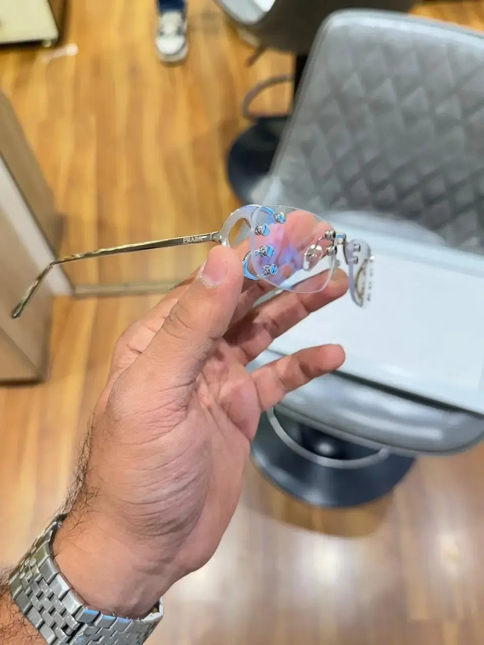 Prada Ultra-Light Rimless Silver Frame - Temple Detail View