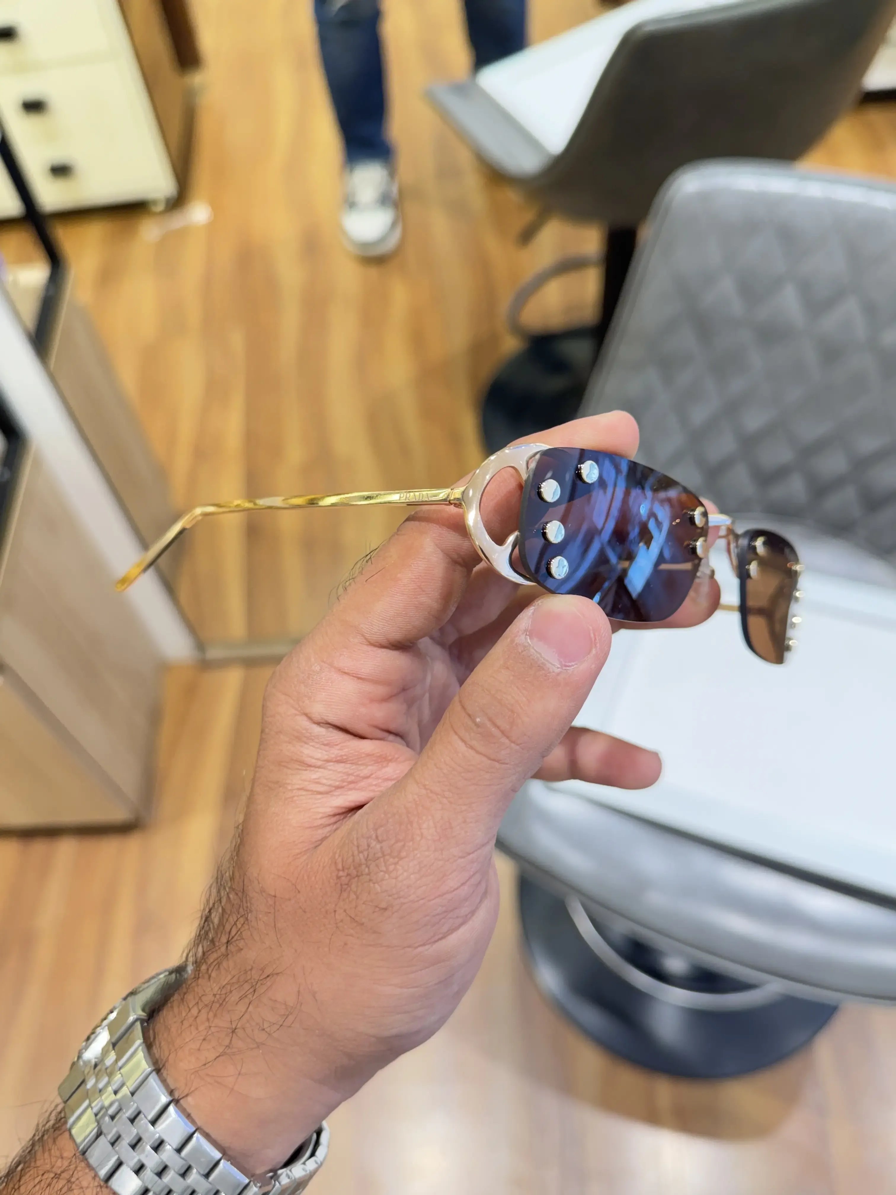 Prada Luxe Rimless Sunglasses Gold Brown - Side Temple View