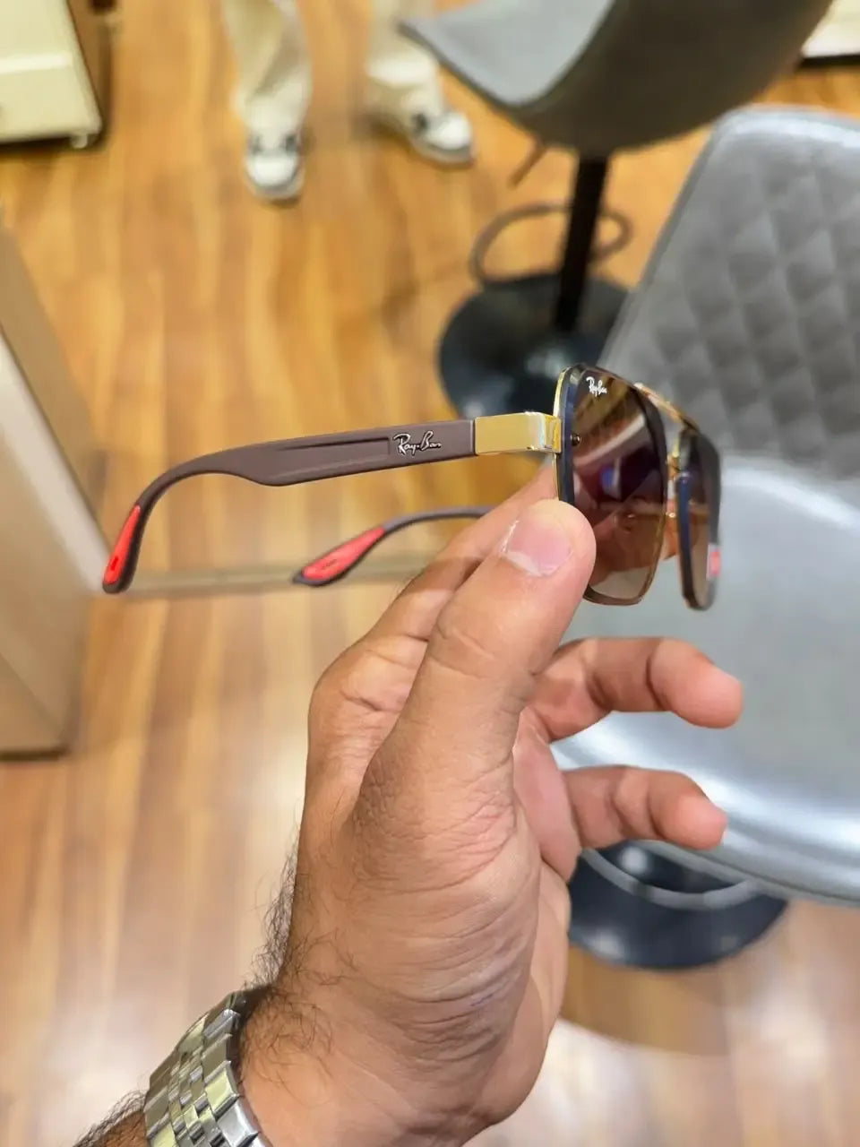Ray-Ban x Ferrari RB4406M Gold Brown - Folded side showing mauve temple arms with red tips