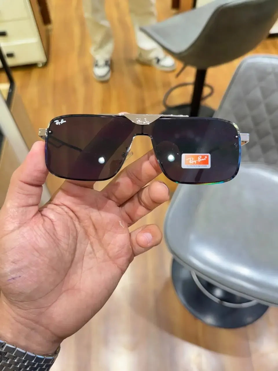 Ray-Ban RB3741 Silver Black - Side temple view showing Ray-Ban script logo on silver arm