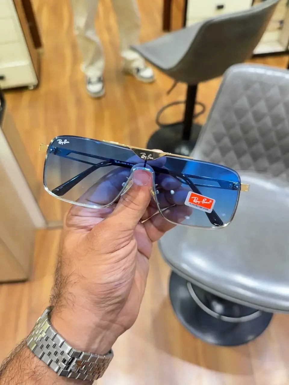 Ray-Ban RB3741 Gold Blue - Folded display showing gold double bridge and blue gradient lenses