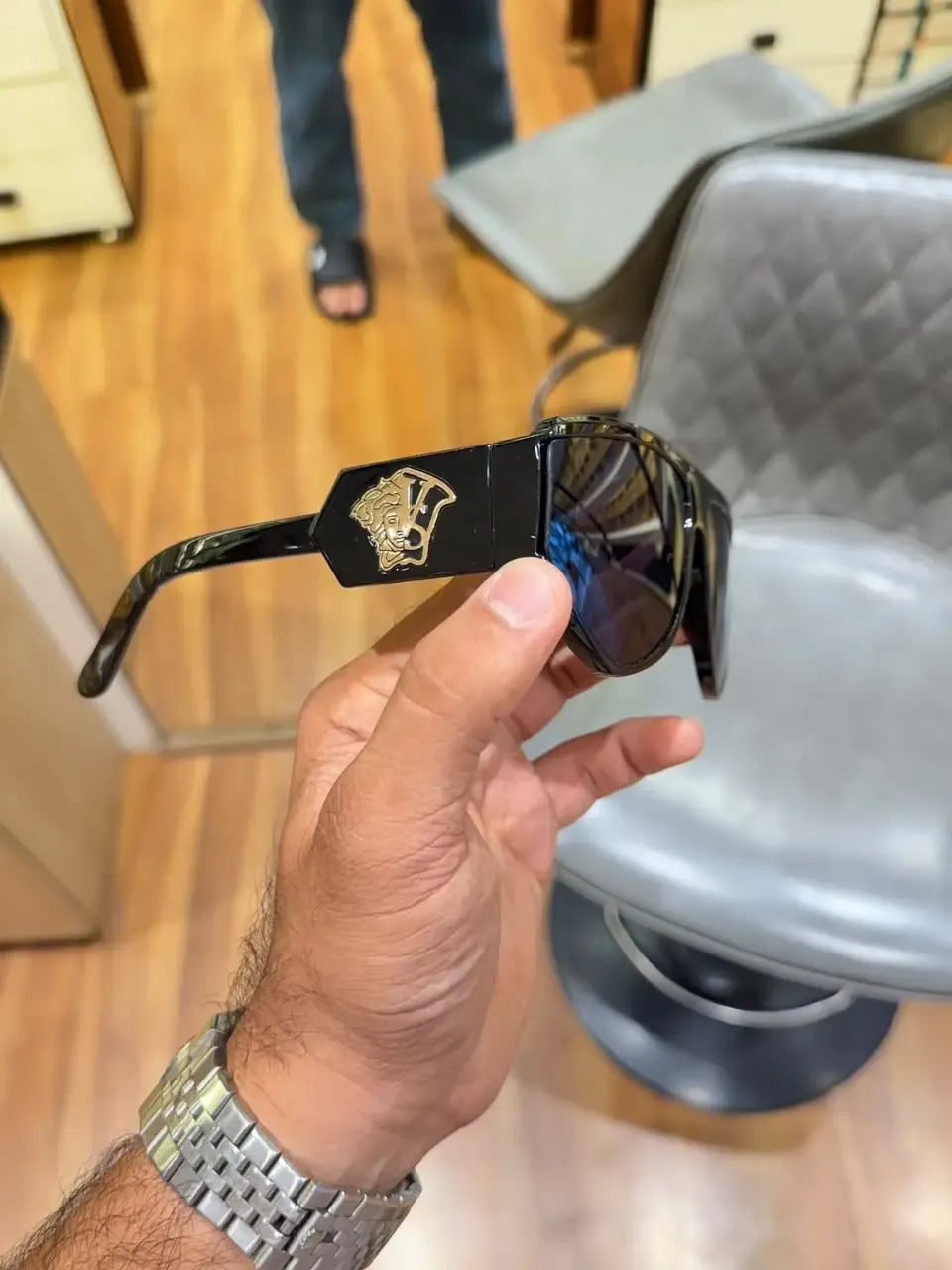 Versace Medusa Flat-Top Shield Sunglasses - Gold Medusa Temple Close-up