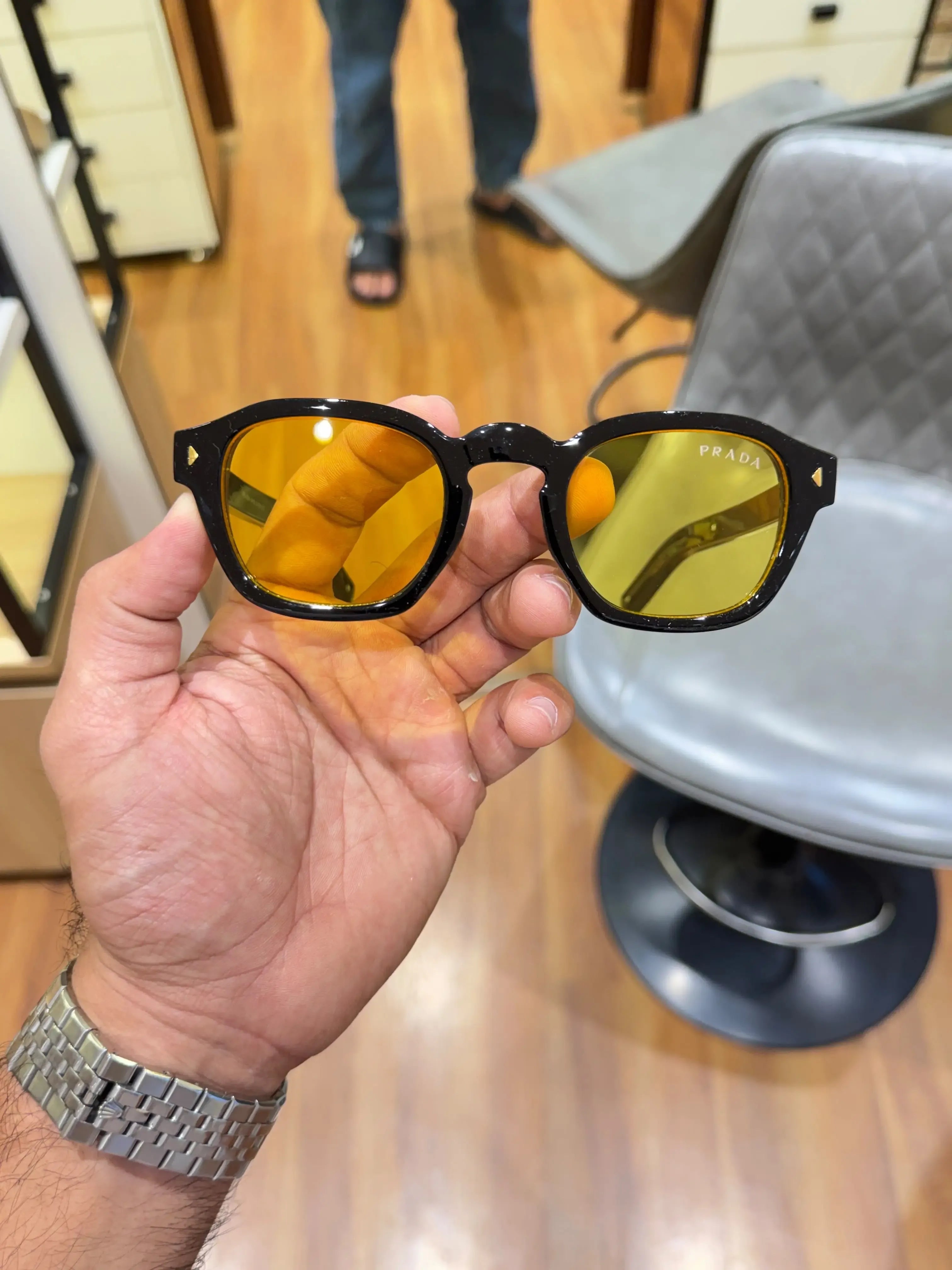 Prada Amber Square Sunglasses - Front View with Yellow Lenses