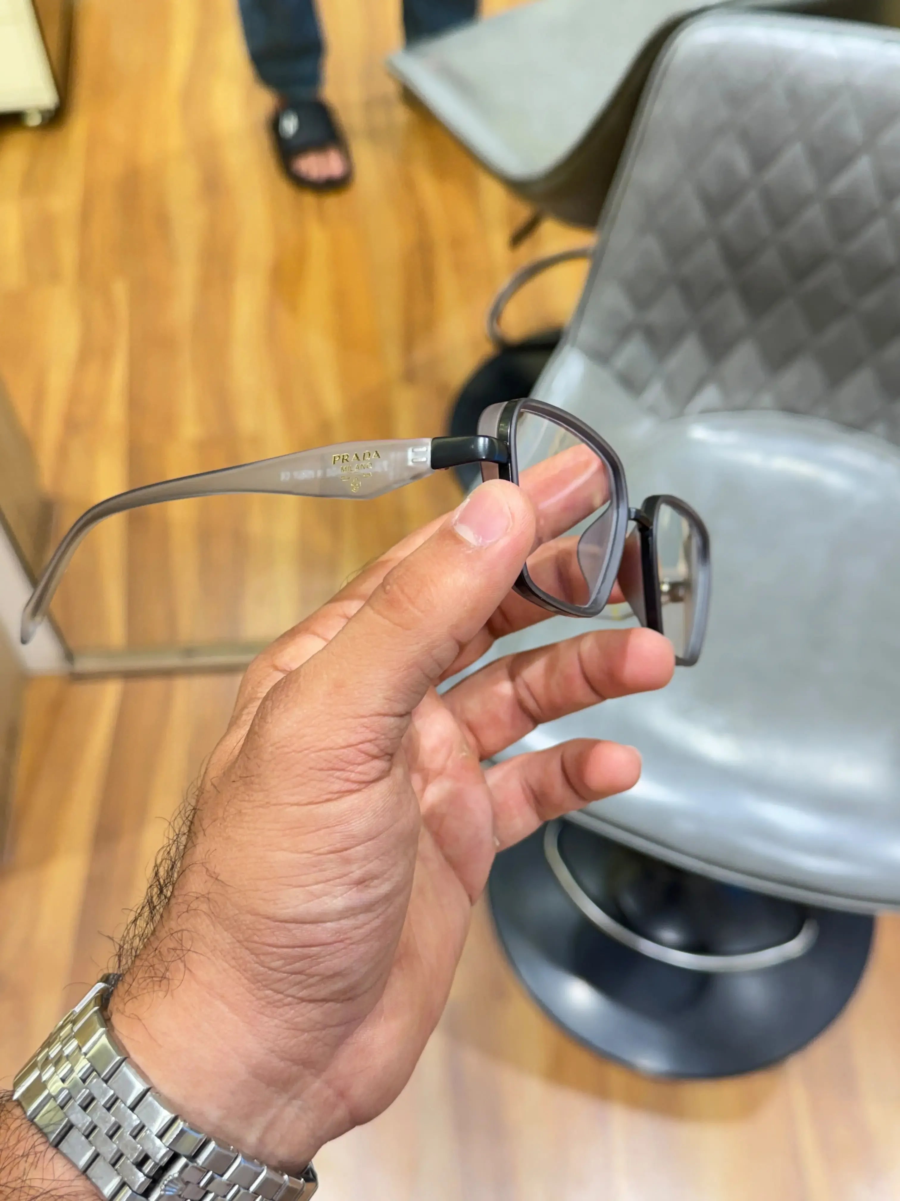 Prada Grey Square Eyeglass Frame - Temple Side View