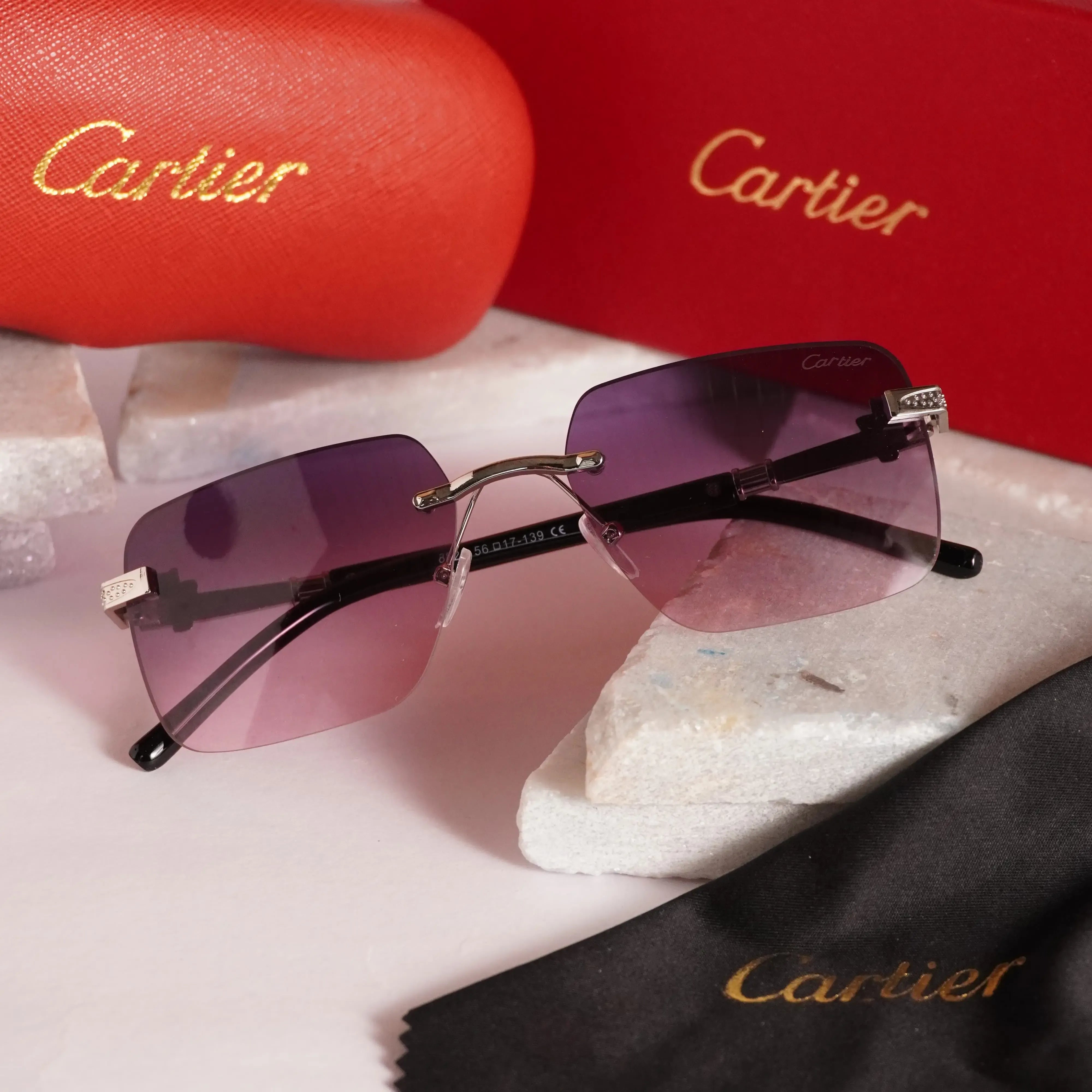 Violet gradient rimless square sunglasses - temple and hinge close up