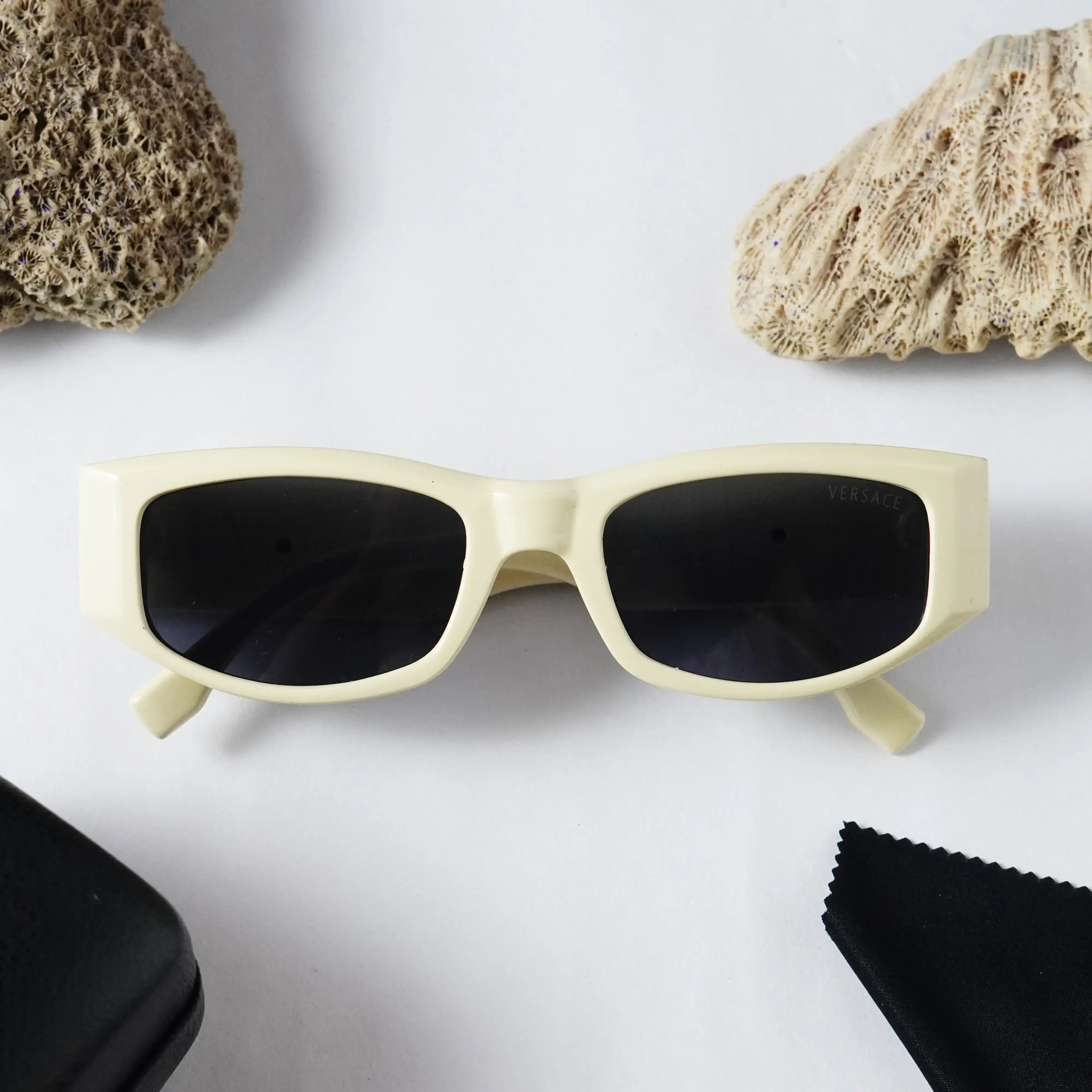 Versace 2315 Cream White Rectangle Sunglasses - Front View Flat Lay