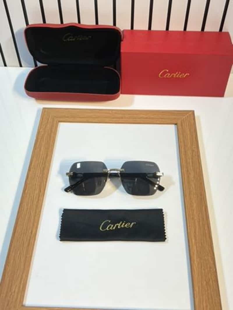 Rimless gold panther black sunglasses - held in gloved hand showing front 3/4 view with dark lenses and Cartier cloth