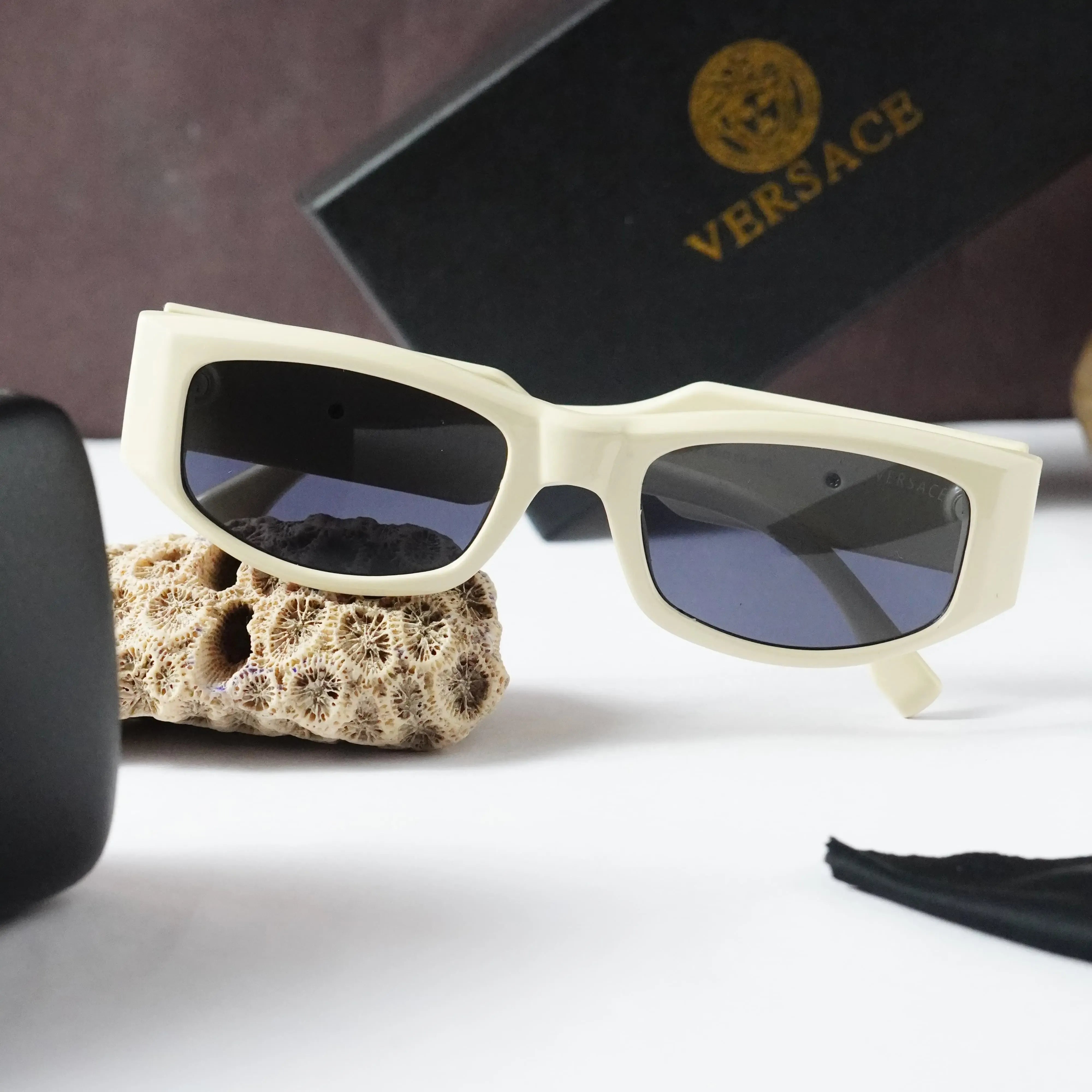 Versace 2315 Cream White Rectangle Sunglasses - Angled with Box